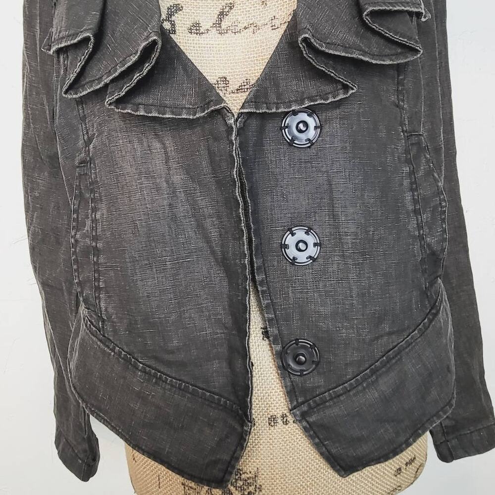 CAbi Charcoal Coated Linen Draped Ruffle Collar Cropped Moto Jacket Medium - Picture 5 of 13